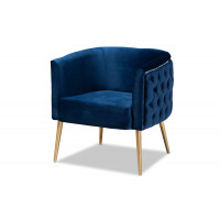 Baxton Studio TSF-6622-Navy/Gold-CC Marcelle Glam and Luxe Navy Blue Velvet Fabric Upholstered Brushed Gold Finished Accent Chair